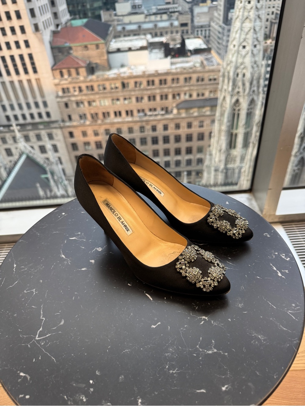 Manolo Blahnik Black Satin Crystal Buckle Pumps - Picture 4 of 7